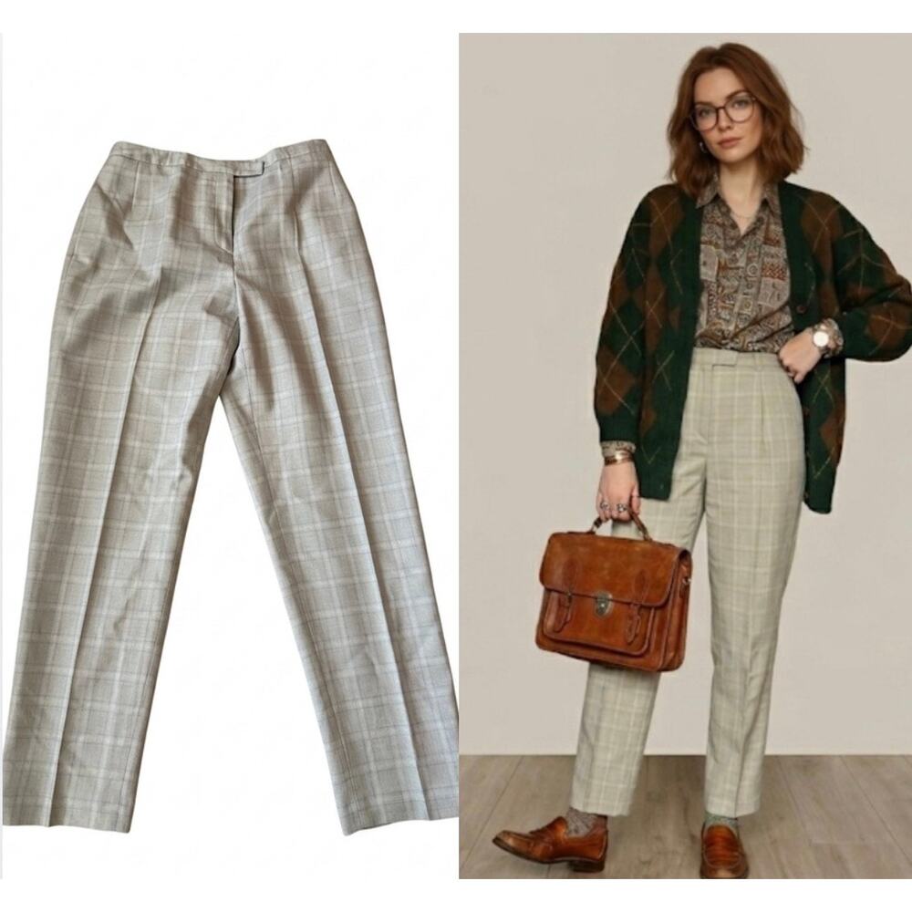 Vintage Harvé Benard 100% Wool Plaid High Waisted Trousers Tapered Leg 10